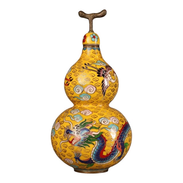 Vintage Chinese Yellow Cloisonné Dragon & Phoenix Double-Gourd Vase - 1300g For Sale