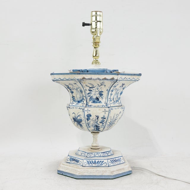 Vintage Hand-Painted Dutch Blue and White Tile-Style Metal Table Lamp - Octagonal Urn With Pastoral Scenes For Sale - Image 4 of 17