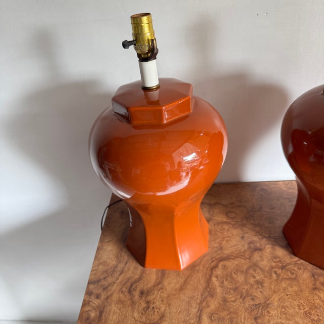 Mid Century Modern Terra Cotta Colored Ceramic Table Lamps- A Pair For Sale - Image 4 of 12