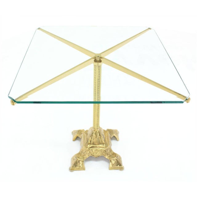 Square Cast Brass X Shape Base Glass Top Side End Center Lamp Table Stand MINT For Sale - Image 6 of 8