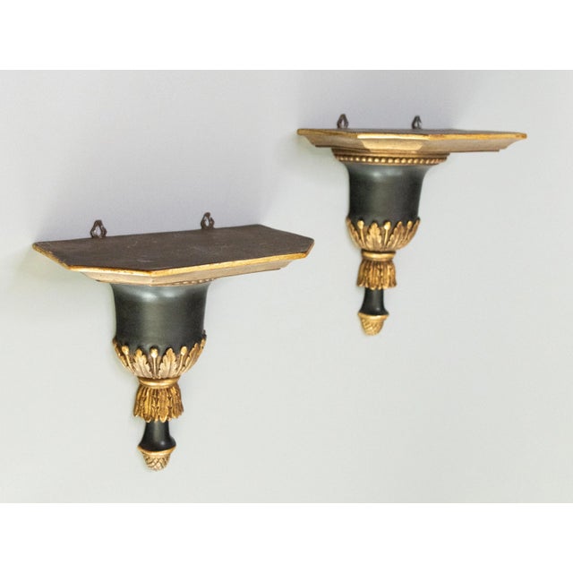 Traditional Mid-Century Neoclassical Italian Black & Gold Gilt Brackets Shelves - A Pair For Sale - Image 3 of 9