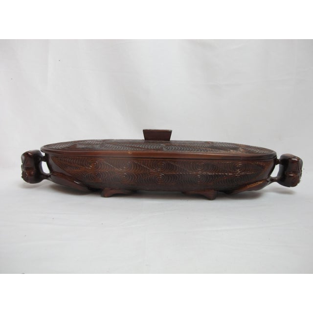 Maori New Zealand Carved Wood Oval Lidded Treasure Box With Abalone Shell For Sale - Image 12 of 13