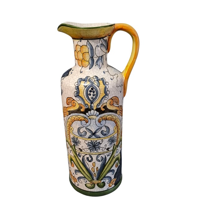 Late 20th Century Crackle Ceramic Italian Ewer Pitcher Multi Color Tuscan Deruta Motif For Sale - Image 10 of 10