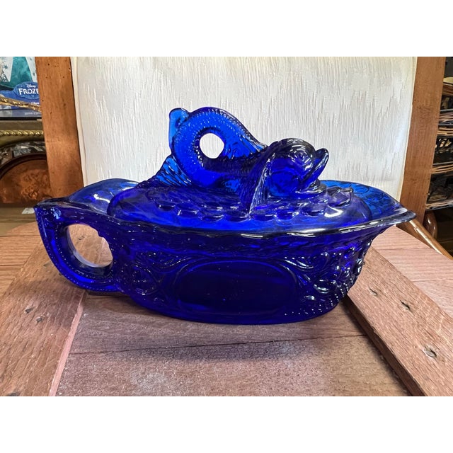Portieux Vallerysthal Vintage Cobalt Blue Glass Koi Fish Gravy Boat For Sale - Image 4 of 12