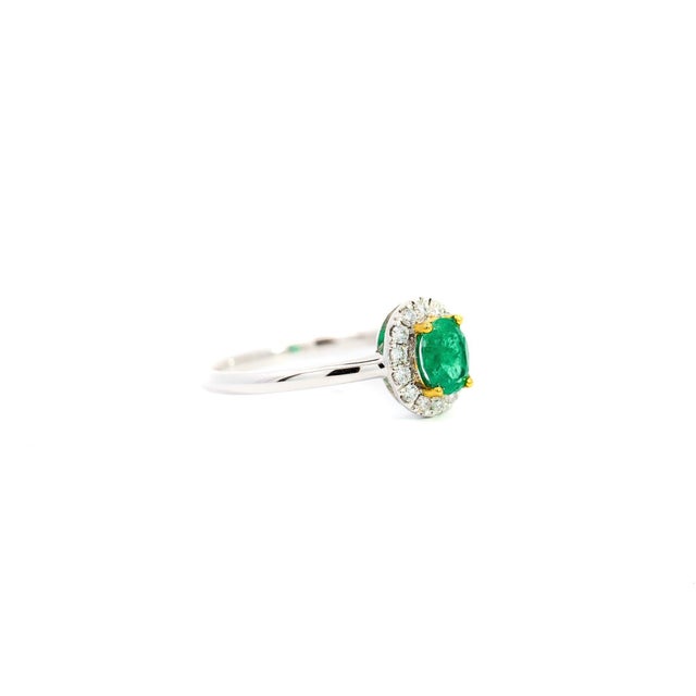 2/3 Carat Natural Emerald & Diamond Oval Halo 1.7mm Band Ring in 18K White Gold, Size 5.5 For Sale In Miami - Image 6 of 10