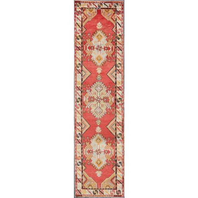 Red Sub-Geometric Tribal Vintage Oushak Runner From Turkey in Soft Red For Sale - Image 8 of 8