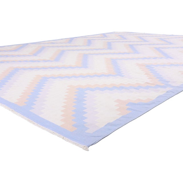 79606 Vintage Indian Dhurrie Rug, 10'00 x 14'00. The Pastel Horizon: A Vintage Indian Dhurrie Masterpiece of Nordic Desert...