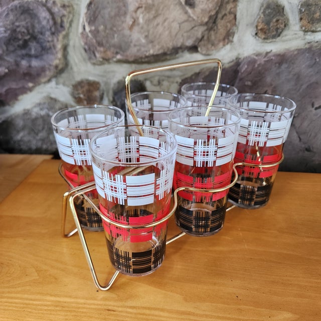 Vintage Mid-Century Modern Glass Tumblers With Gold Brass Caddy- 7 Pieces For Sale In Baltimore - Image 6 of 7
