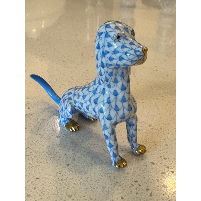 Traditional Classic Sapphire Blue Fishnet Pattern Herend Hand Painted Sitting Dog Domestic Animal Figurine W/ 22k Gold Accents For Sale - Image 3 of 11