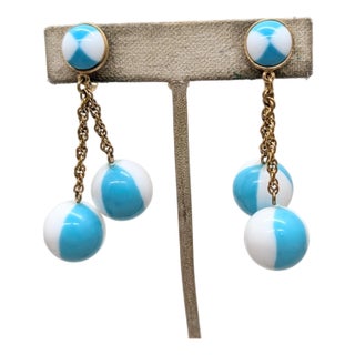 Vintage 1950s Signed Crown Trifari White & Turquoise Checked Drop Clip Earrings-2 Pieces For Sale