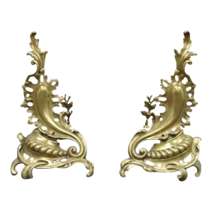 Antique French Louis XV Rococo Style Bronze Brass Acanthus Andirons - a Pair