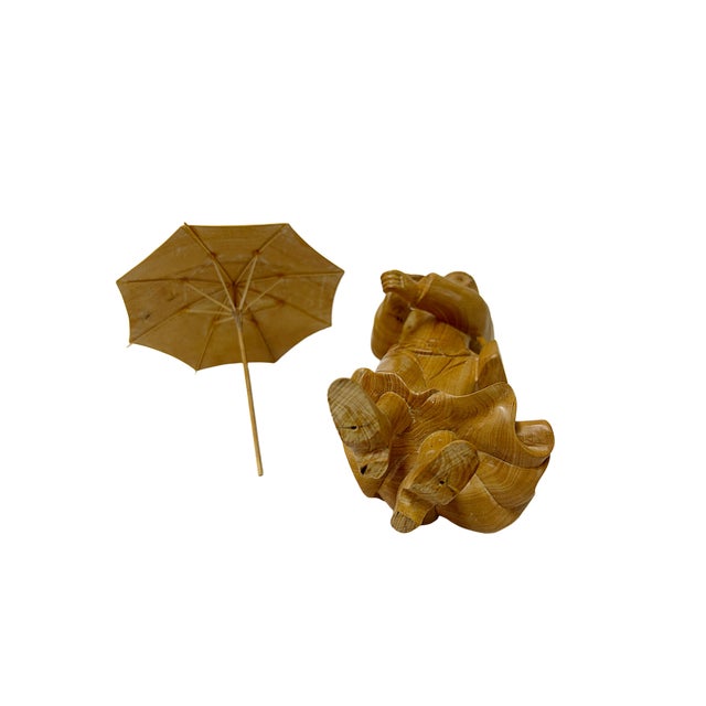 1990s Light Tan Wood Crafted Lady Holding Umbrella Art Figure For Sale - Image 5 of 9