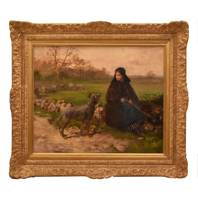 Charles Jean Auguste Escudier, Landscape with Shepherdess and Dog, 1895, Oil on Canvas, Framed For Sale - Image 11 of 11