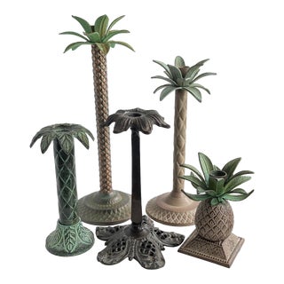 Vintage Mismatched Metal Palm Tree Candle Sticks / Candle Holders - Set of 5 For Sale