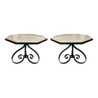 Wrought Iron Tables - Marble Tops - A Pair For Sale