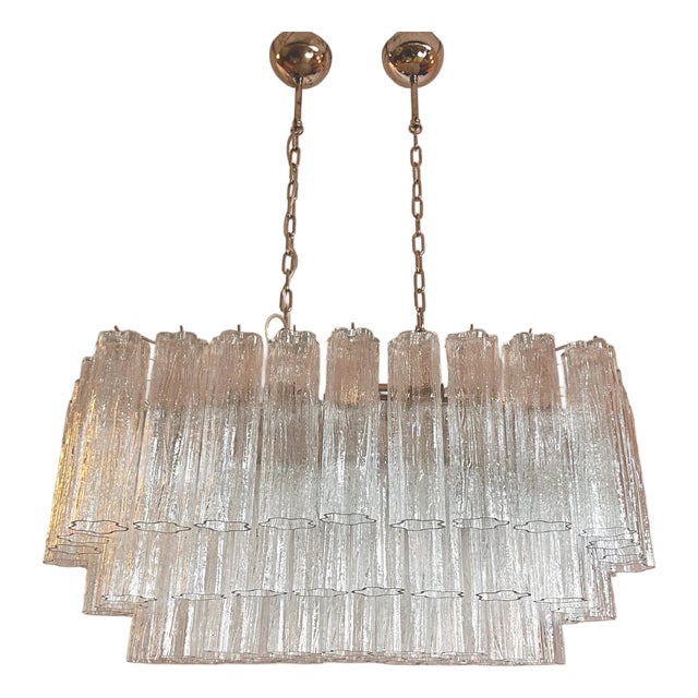Elegant Murano Tube Chandelier – 72 Clear Glasses - Rectangular Based For Sale