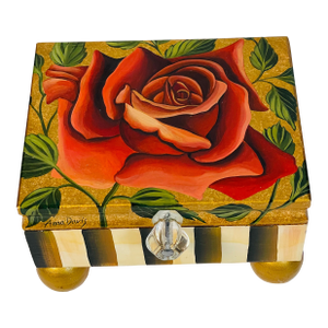 1970s Handpainted Signed Art Deco Rose Treasure Box