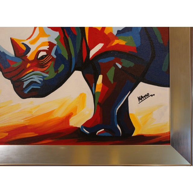 Contemporary Contemporary "Colorful Rhino" Wildlife Painting by Kano Derrock, Framed For Sale - Image 3 of 3