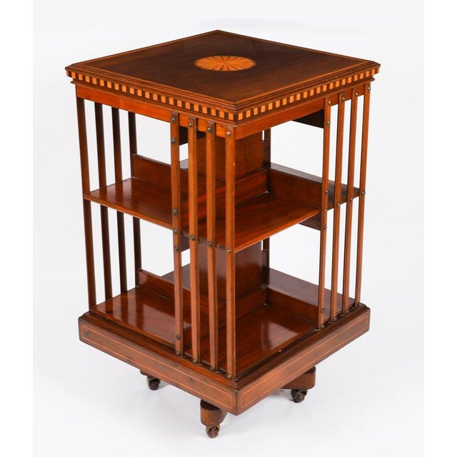 Antique Edwardian Flame Mahogany and Inlaid Revolving Bookcase, 1890s For Sale - Image 4 of 15