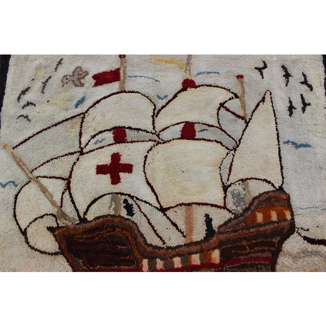 Pictorial Antique American Hooked Rug With Knights Templar Ship at the Sea Antique American Hooke 2'4"x2'11" For Sale In Atlanta - Image 6 of 8