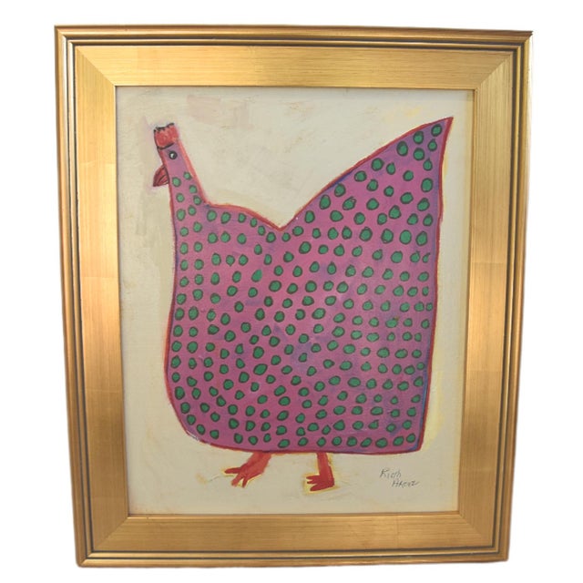 2020s Folk Art Chicken Hen Painting Ruth Arenz Including the Antiqued Gold Wood Frame For Sale - Image 5 of 5