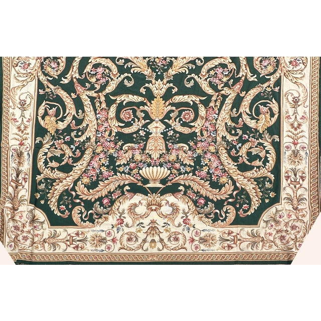 Hand-made, wool, floral-motif, Aubusson-style, needlepoint tapestry. Central ground is forest green, as is the outermost...