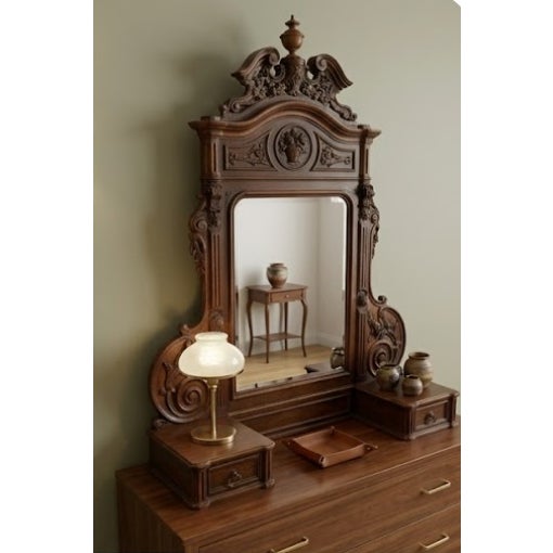 Magnificent Late Victorian Vanity Dresser Mirror This exceptional, high-tier Victorian dresser-top vanity mirror dates...