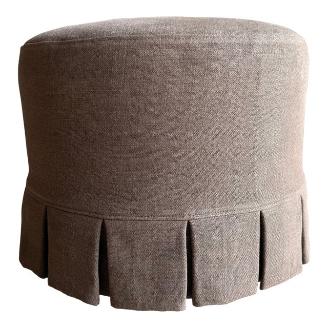 Bailey Ecorce Slip Covered Ottoman in Linen With Pleated Skirt For Sale