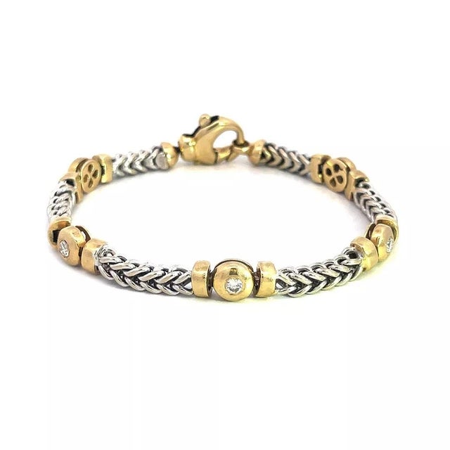 1990s Diamond Gold Bracelet 14k Heavy Two-Tone Chevron Dot Link Style For Sale - Image 5 of 7