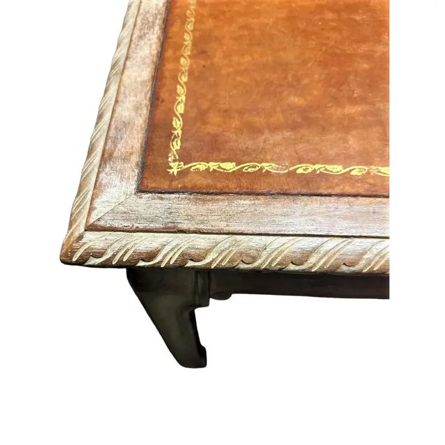Traditional Baker Furniture Company 1940s Vintage Tooled Leather and Cerused Oak Cocktail Table - Rare Find! For Sale - Image 3 of 6