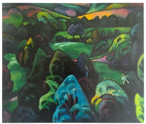 Adolf Erbsloh Vintage 1998 German Expressionist Lithograph Calendar Print " Landscape With Mower " 1912