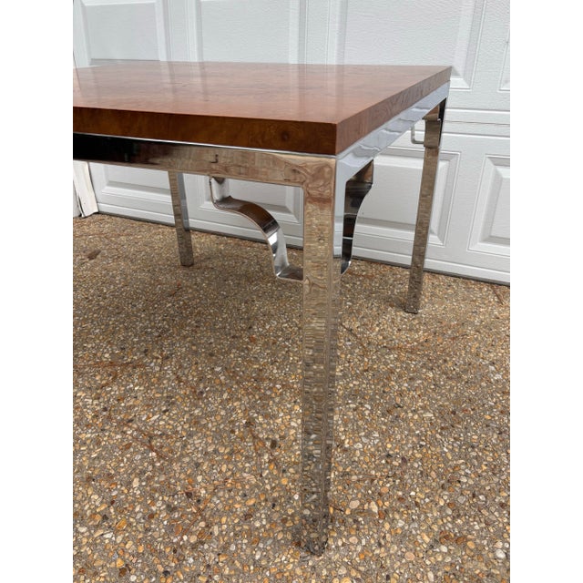 1960s Vintage Mid to Late Twentieth Century Burled Walnut and Polished Chrome Dining Table in the Style of Milo Baughman For Sale - Image 4 of 11