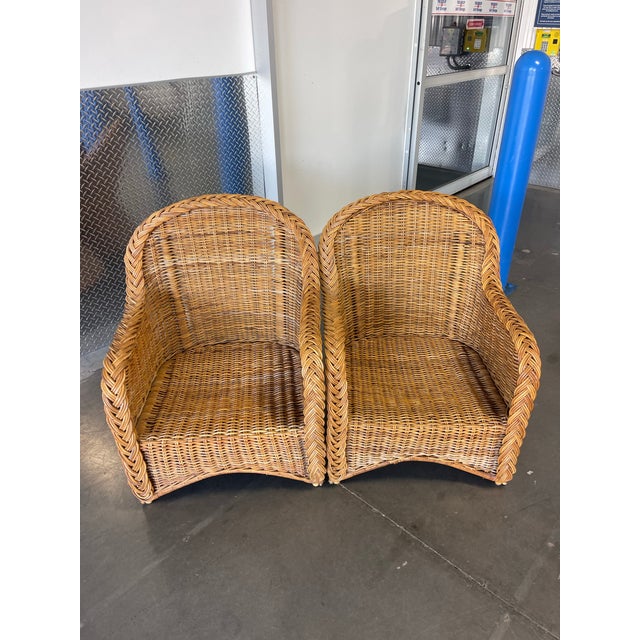 Vintage Organic Modern Braided Rattan Lounge Chairs With Ottoman For Sale - Image 9 of 12