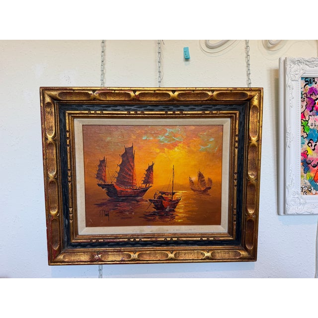 Vintage Chinese Junk Boats Sunset Oil Painting Signed Young Asian Seascape Frame For Sale In Jacksonville, FL - Image 6 of 11