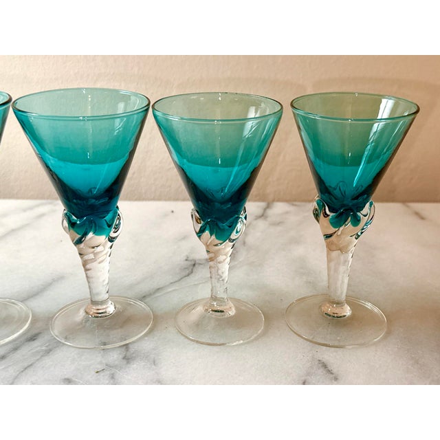 Glass Vintage Teal Cordial Glasses - Set of 6 For Sale - Image 7 of 7