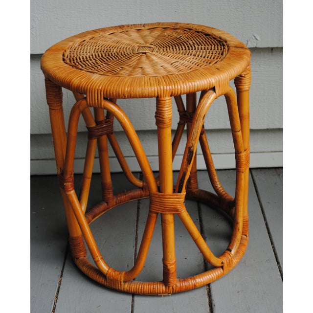 Tan Mid Century Small Round Drum Bamboo Wicker Top Accent Table For Sale - Image 8 of 8