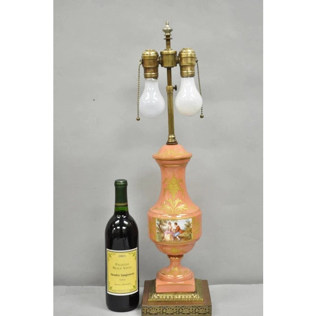 Antique French Victorian Paris Porcelain Coral Figural Painted "Courting Scene" Table Lamps on Brass Bases - a Pair. Circa...