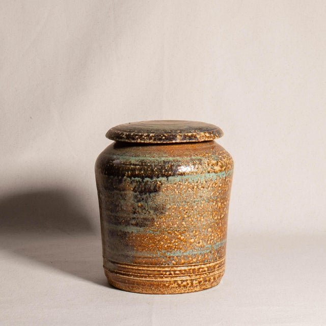 Mid-Century Modern Late 20th Century Vintage Handmade Studio Pottery Textured Lidded Stoneware Jar With Mixed Glaze For Sale - Image 3 of 12