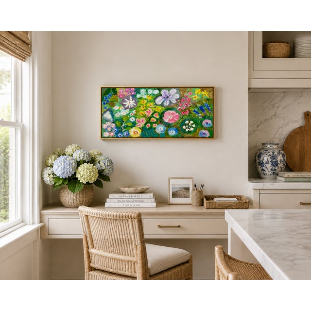 This vibrant original floral painting on canvas by artist Youn Cho captures the exuberance of a lush garden through her...