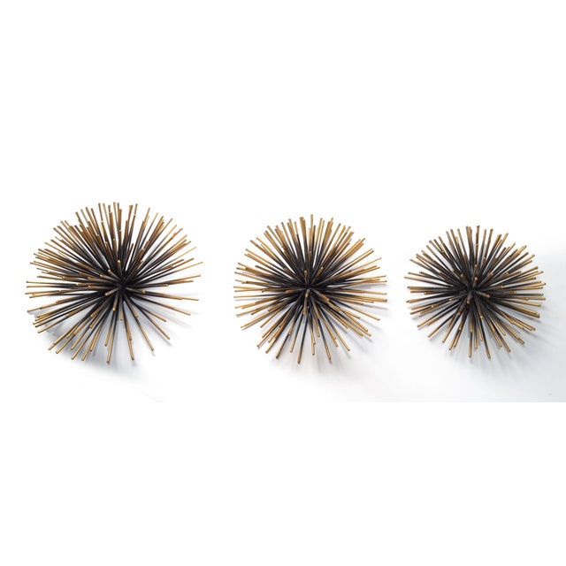 Funky 3 Pieces Steel Pom Pom Wall Art in Brass Finish and black painted Wall Sculpture in the Style of Curtis Jeré....