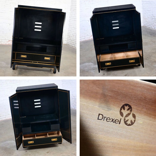 Chinoiserie 1984 Chinoiserie Drexel Et Cetera Collection Petite Entertainment or Storage Cabinet With Hand Painted Scenic Designs For Sale - Image 3 of 12