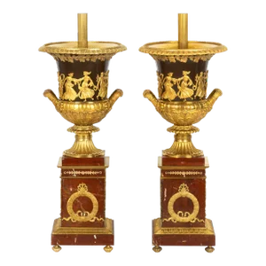 Pair of French 19th Century Neoclassical Bronze and Red Marble Lamps
