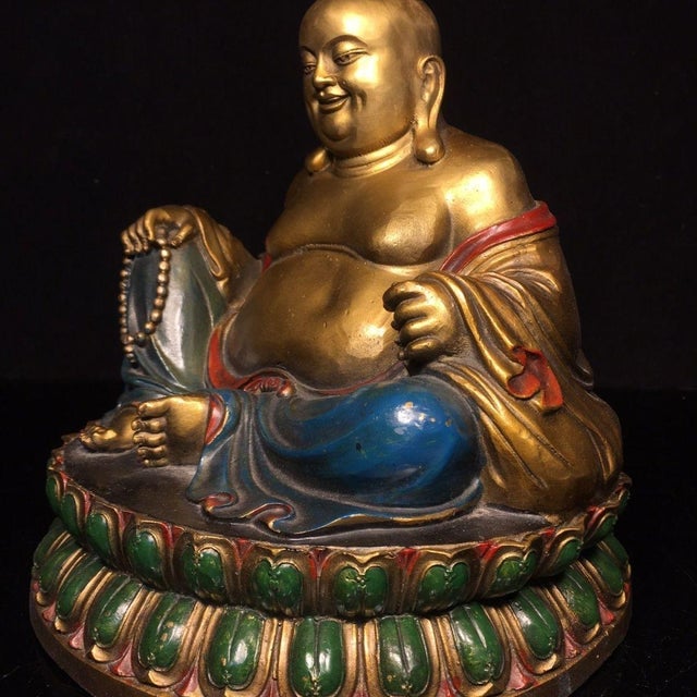 Vintage Gilt & Painted Brass Laughing Buddha Maitreya Statue on Double Lotus Base For Sale - Image 4 of 9