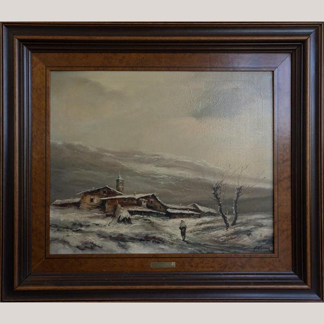 Rustic Ferran, Snowy Village Landscape, Late 20th Century, Painting, Framed For Sale - Image 3 of 10