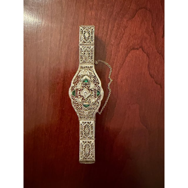 1920s Art Deco Platinum & 14k Gold Estate Emerald & Diamond Bracelet For Sale - Image 15 of 18