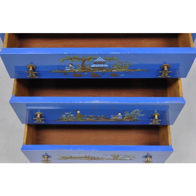 Vintage Chinoiserie Blue Hand Painted Gold Gilt Narrow Bookcase Secretary Desk For Sale - Image 17 of 18