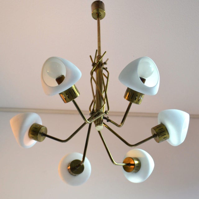 Opaline and Brass Italian Chandelier in the style of Stilnovo, 1950s For Sale - Image 12 of 14