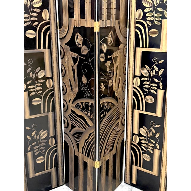 Early 21st Century Art Deco 4-Panel Black Lacquer & Gilt Screen, Attributed to Paul Fehér, 20th C. For Sale - Image 5 of 14