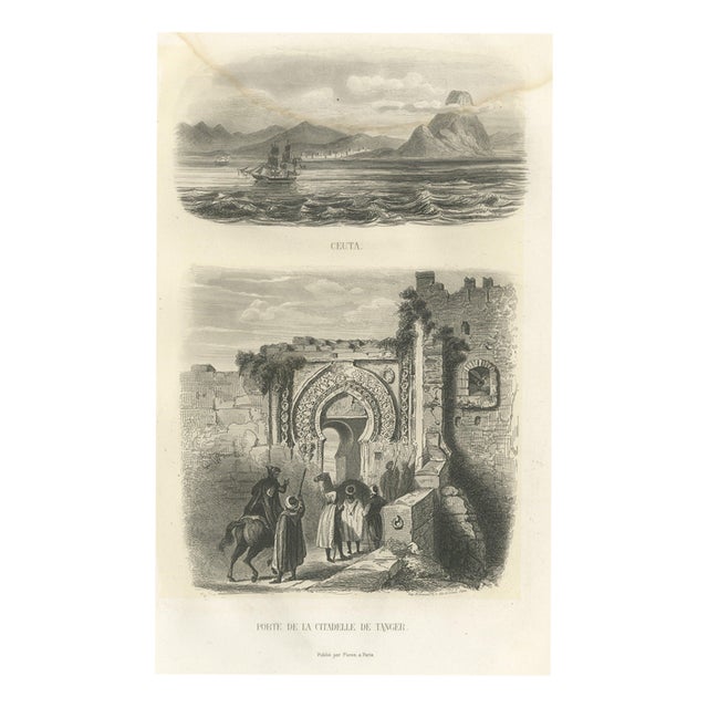 Alphonse Boilly, Ceuta from the Sea and Citadel Gate of Tangier, Morocco, 1859, Engraving For Sale