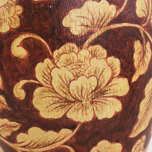 Vintage Hand Painted Brown and Cream Floral Ceramic Table Lamp With Peony Motif and Wood Base For Sale - Image 11 of 13